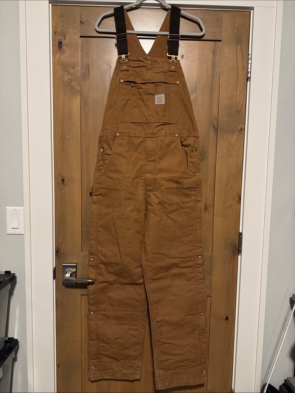 Carhartt Loose Fit Duck Bib Overalls Mens 34 x 30 brown Quilted snap down Work